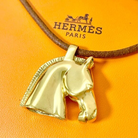 HERMES Cheval Horse Leather Necklace 24" Gold Tone Auth w/Box #96875 - Picture 1 of 4